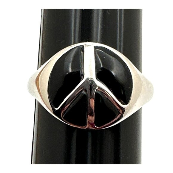 Inspirational Silver Tone Peace Ring Black Inlay Signed RSC Vintage - Picture 3 of 9